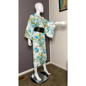Vintage 1970's Cotton Kimono Blue+ Mustard + Olive Floral Traditional Kimono